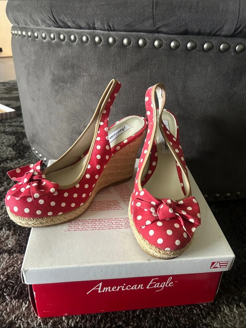 American Eagle Outfitters Red and White Polka Dot Espadrille Wedges